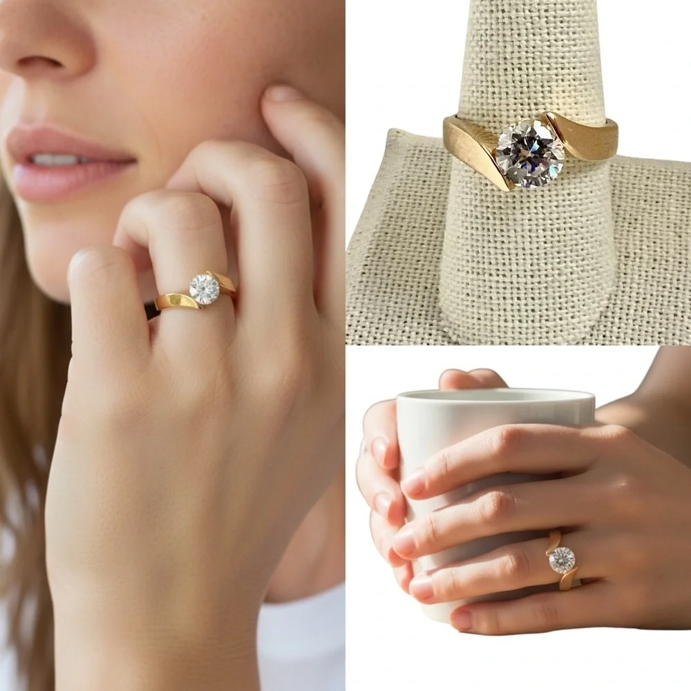 Silver Gold Plated Round Crystal Faux Diamond Solitaire Women's Ring Size 8.75